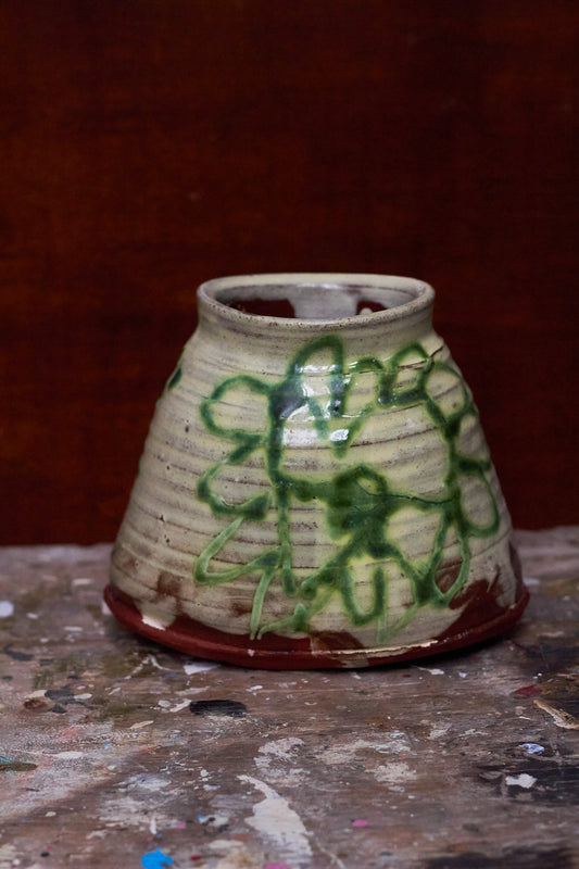 Oval Green Flowers Slipware Vase