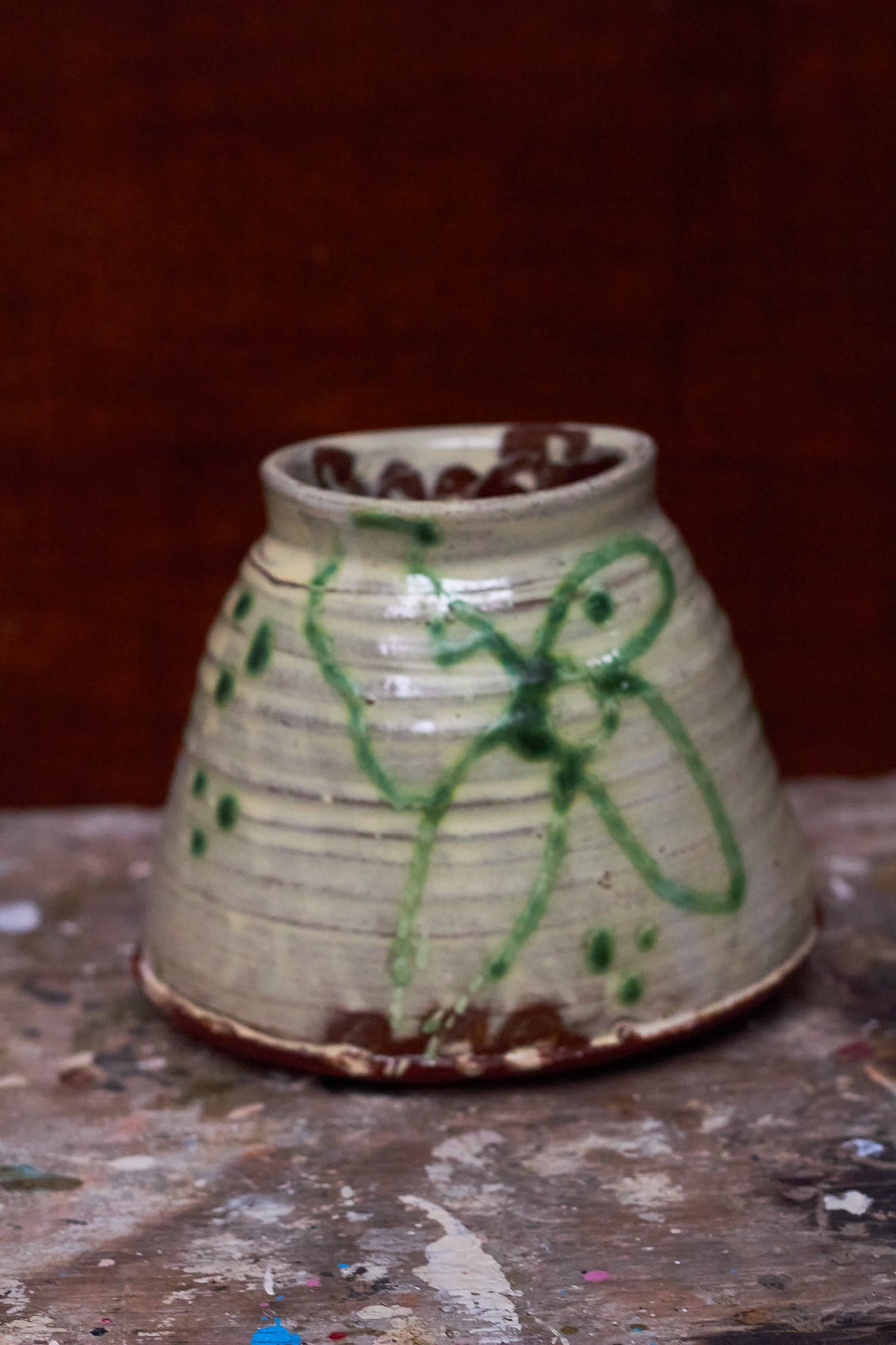 Oval Green Flowers Slipware Vase