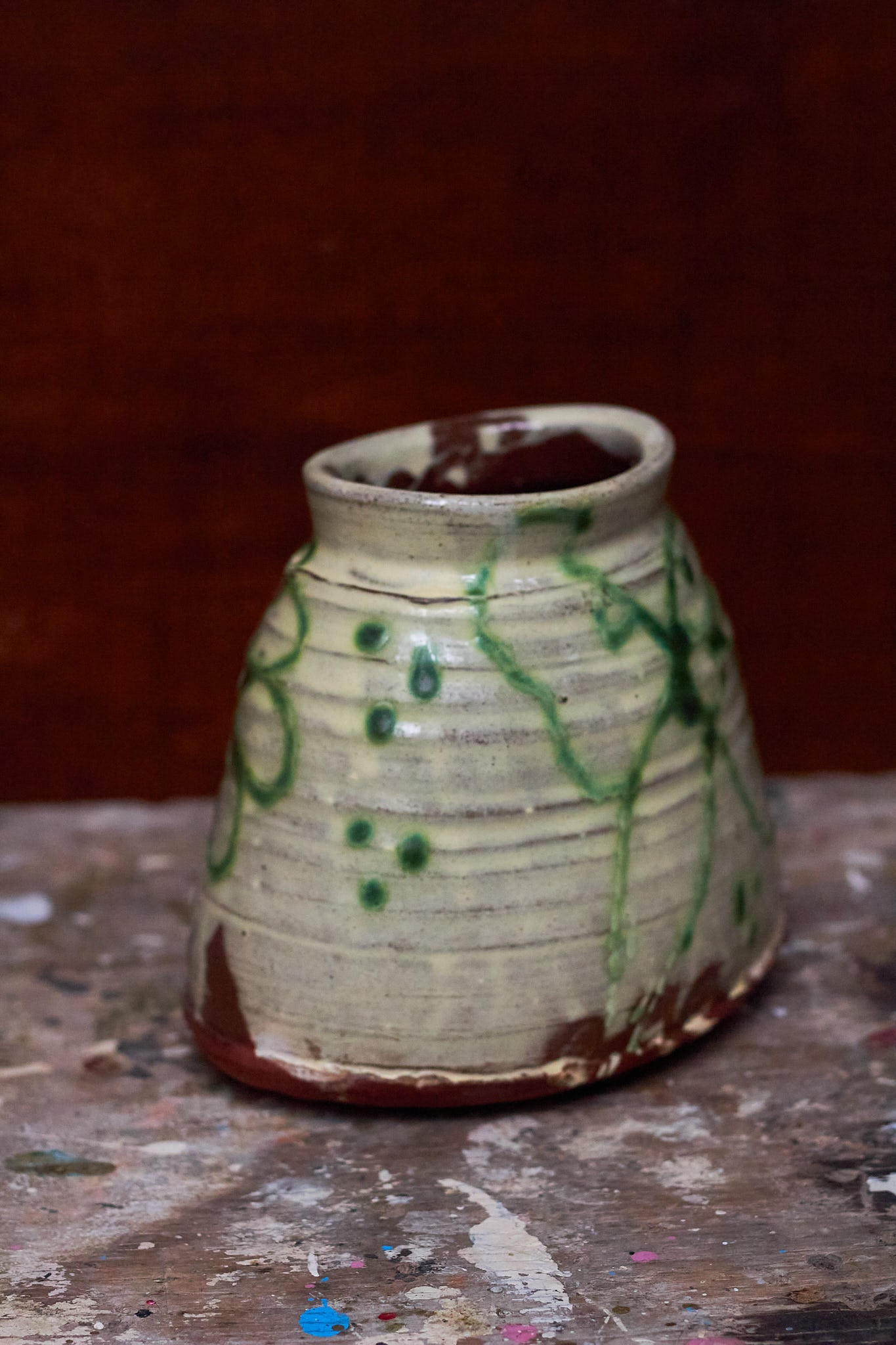 Oval Green Flowers Slipware Vase