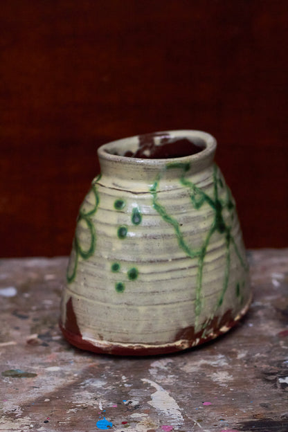 Oval Green Flowers Slipware Vase