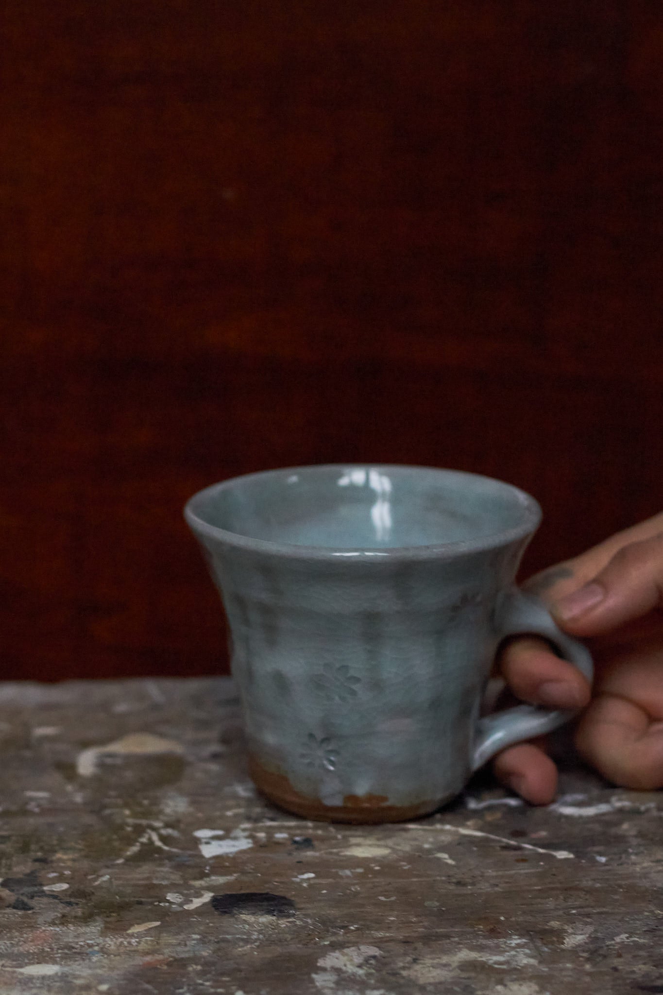 Wide Celadon Flower Mug