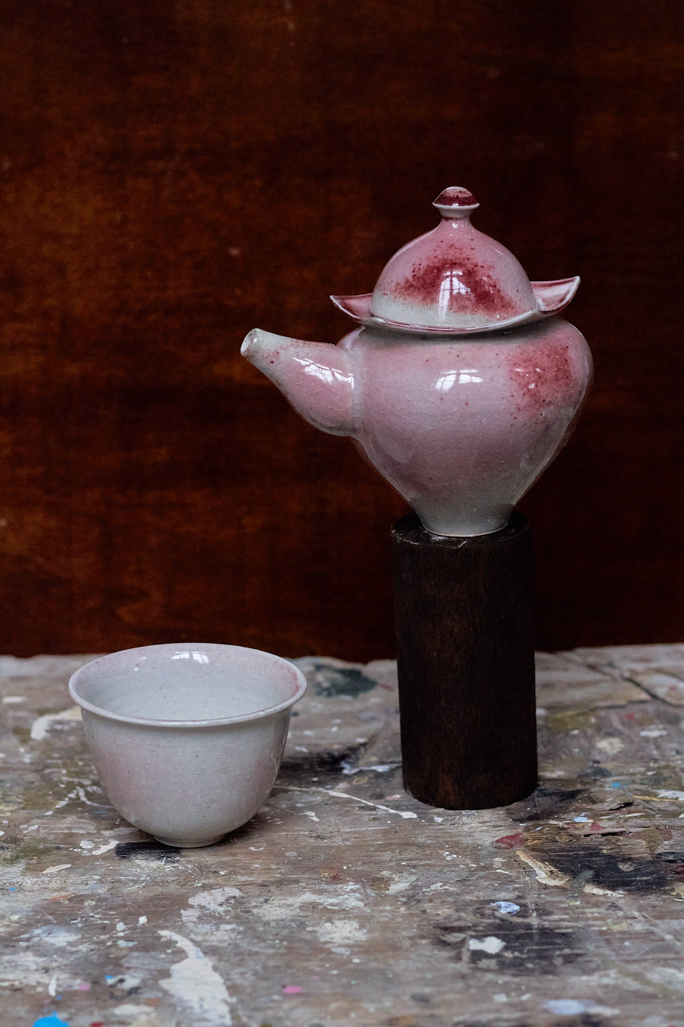 Set with Peach and Pink Teapot and Cup