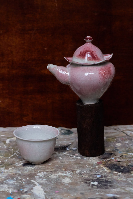 Set with Peach and Pink Teapot and Cup