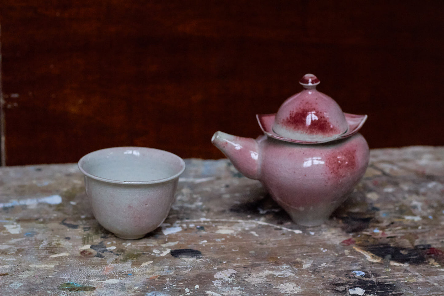 Set with Peach and Pink Teapot and Cup